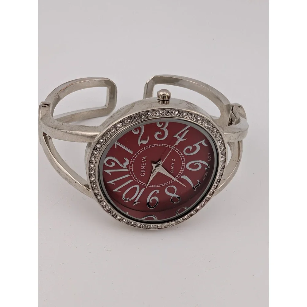 Geneva Watch Women 37mm Case Crystal Bezel Red Dial‎ Bangle Band- New Battery